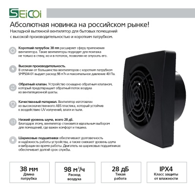 Накладной тонкий вентилятор Seicoi SMPS04-01 Black